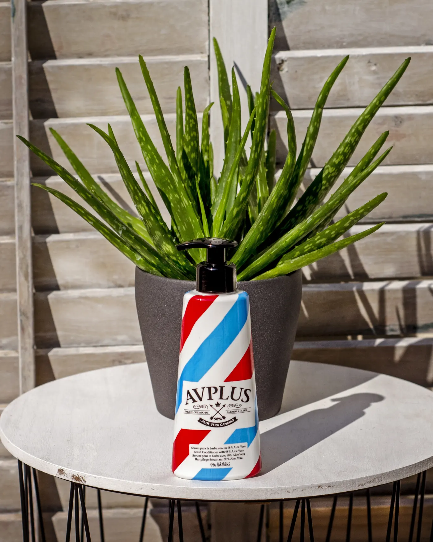 Sérum AV PLUS con 98 % de Aloe Vera junto a una planta de aloe